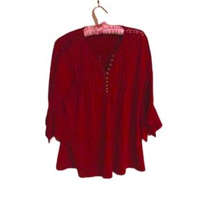 Women's Red Long Bell-Sleeved Top with Ribbing and Button-Down 60s Hippy Style